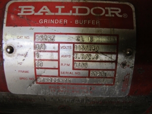 LOT TO INCLUDE: (1) BALDOR GRINDER/BUFFER, CAT# 8107W, 3/4 HP, 1 PHASE, 115/230 V, 4.8/2.4 A, 3600 RPM, (1) BALDOR GRINDER/BUFFER, CAT #862RE, 3/4 HP, 1 PHASE, 115/230 V, 4.8/2.4 A, 3600 RPM. LOADING & HANDLING FEE $15-4068